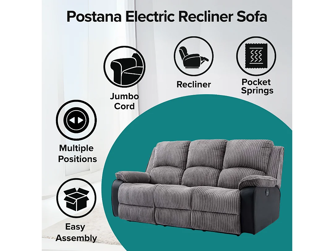 Postana 3 Seater Electric High Back Jumbo Cord Fabric Recliner Sofa