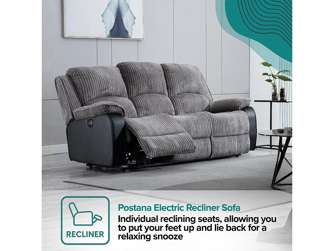 Postana 3 Seater Electric High Back Jumbo Cord Fabric Recliner Sofa