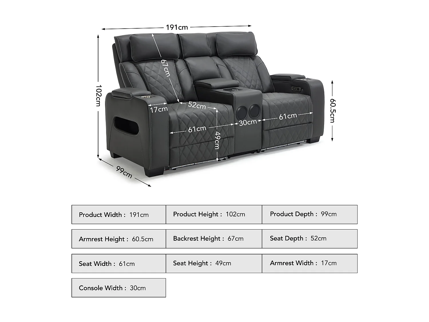 Capri Electric Recliner 2 Seater Sofa w Bluetooth speakers & Charging