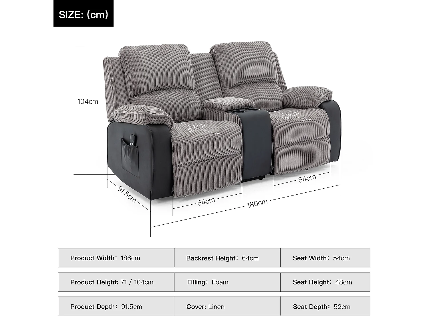 Postana Single Motor Rise Recliner 2 Seater Cord Drinks Console Sofa
