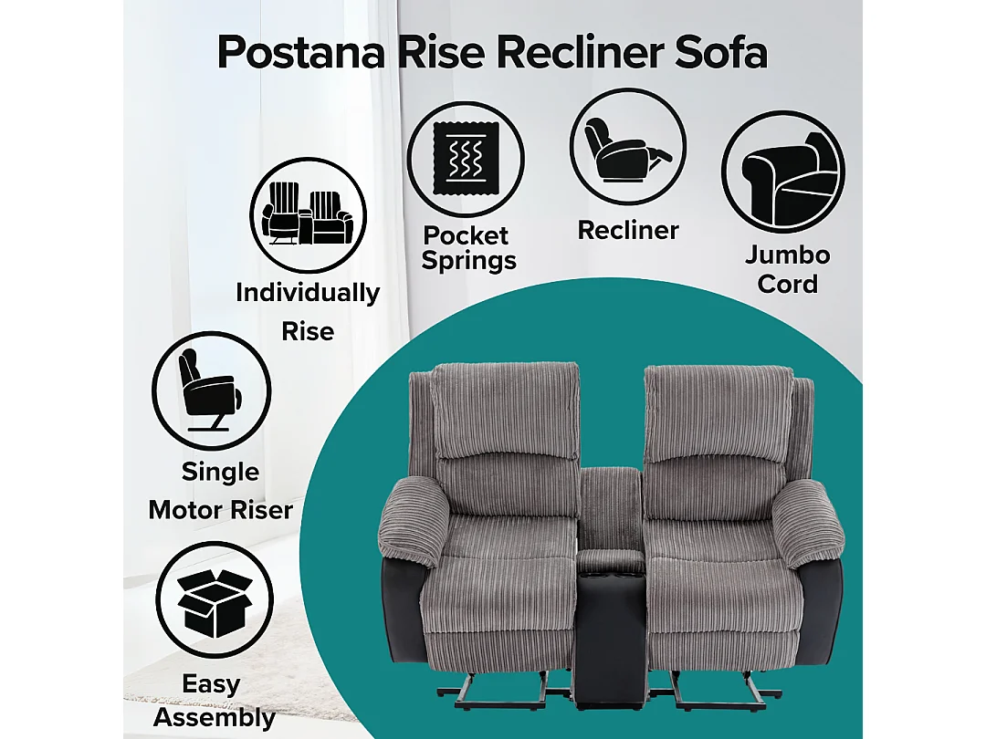 Postana Single Motor Rise Recliner 2 Seater Cord Drinks Console Sofa