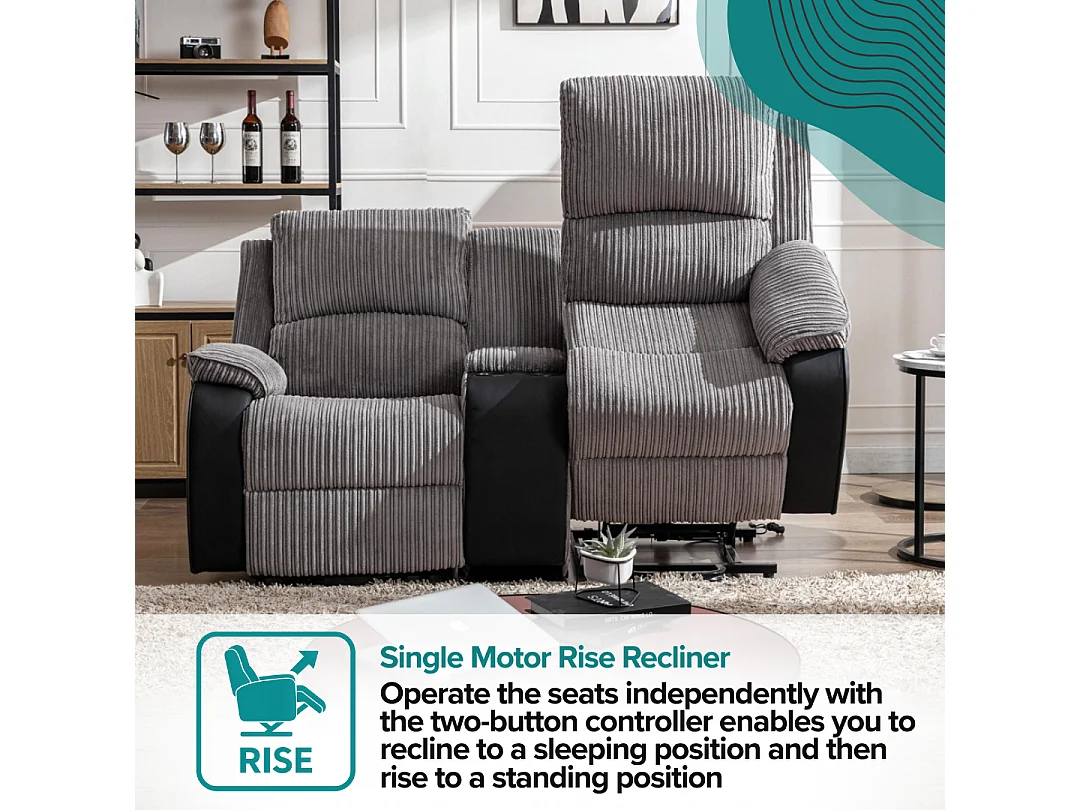 Postana Single Motor Rise Recliner 2 Seater Cord Drinks Console Sofa