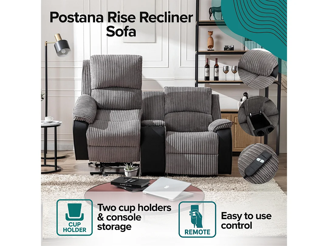 Postana Single Motor Rise Recliner 2 Seater Cord Drinks Console Sofa