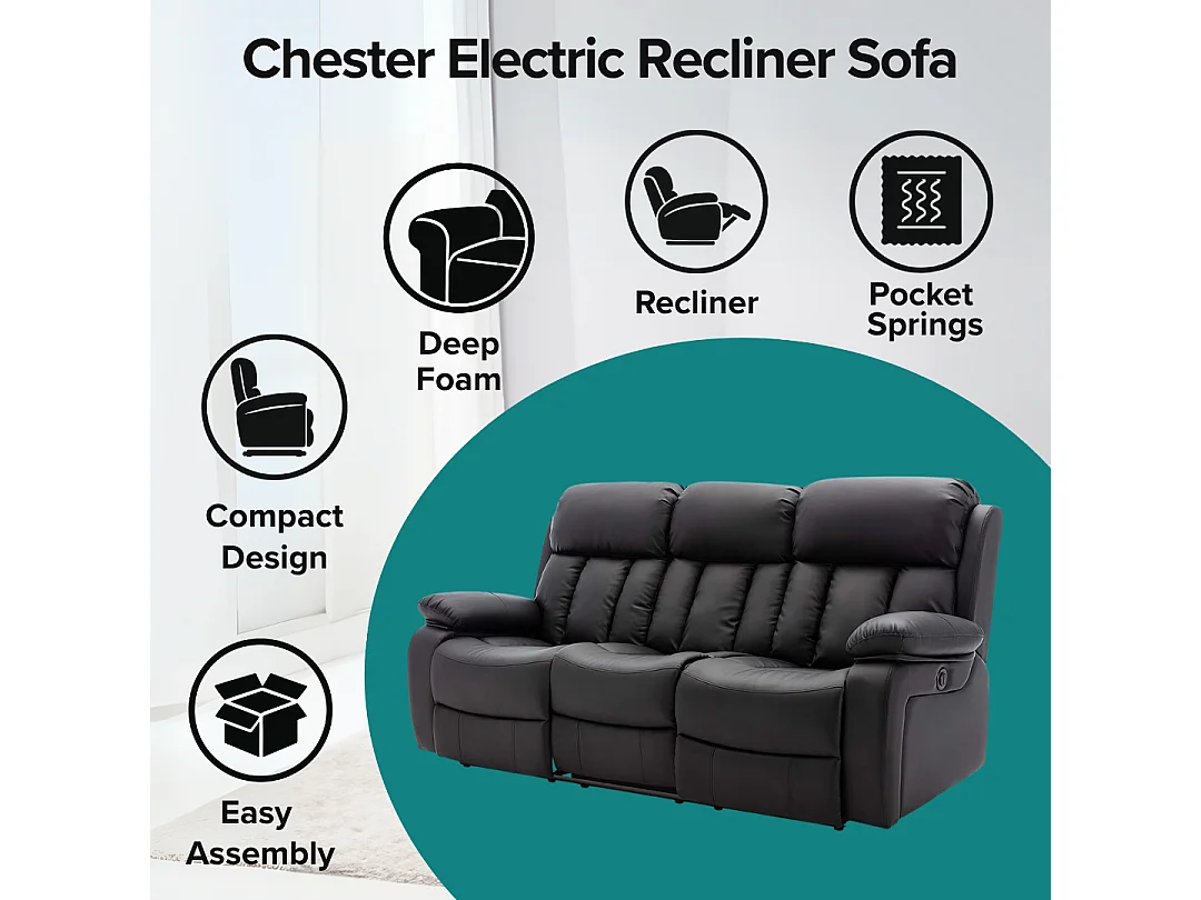 Chester 3 Seater Electric High Back Bonded Leather Recliner Sofa
