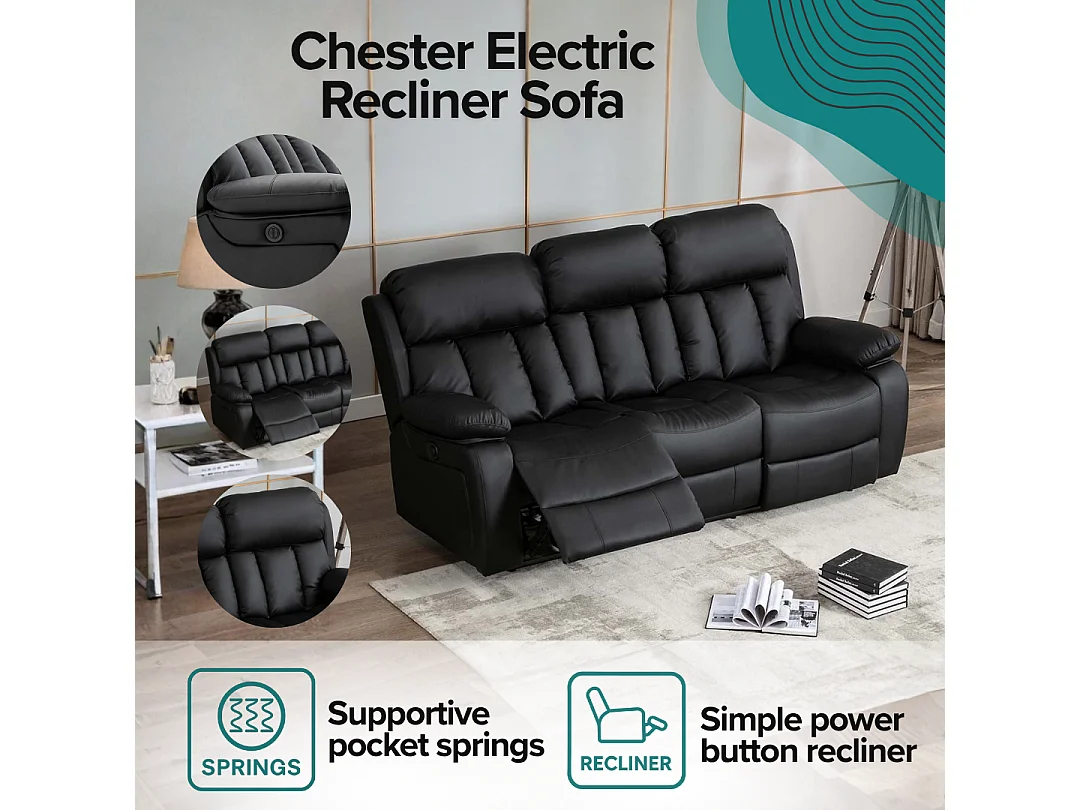 Chester 3 Seater Electric High Back Bonded Leather Recliner Sofa