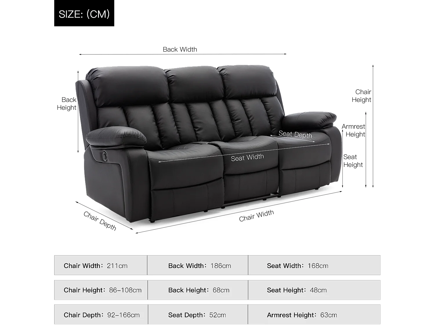 Chester 3 Seater Electric High Back Bonded Leather Recliner Sofa