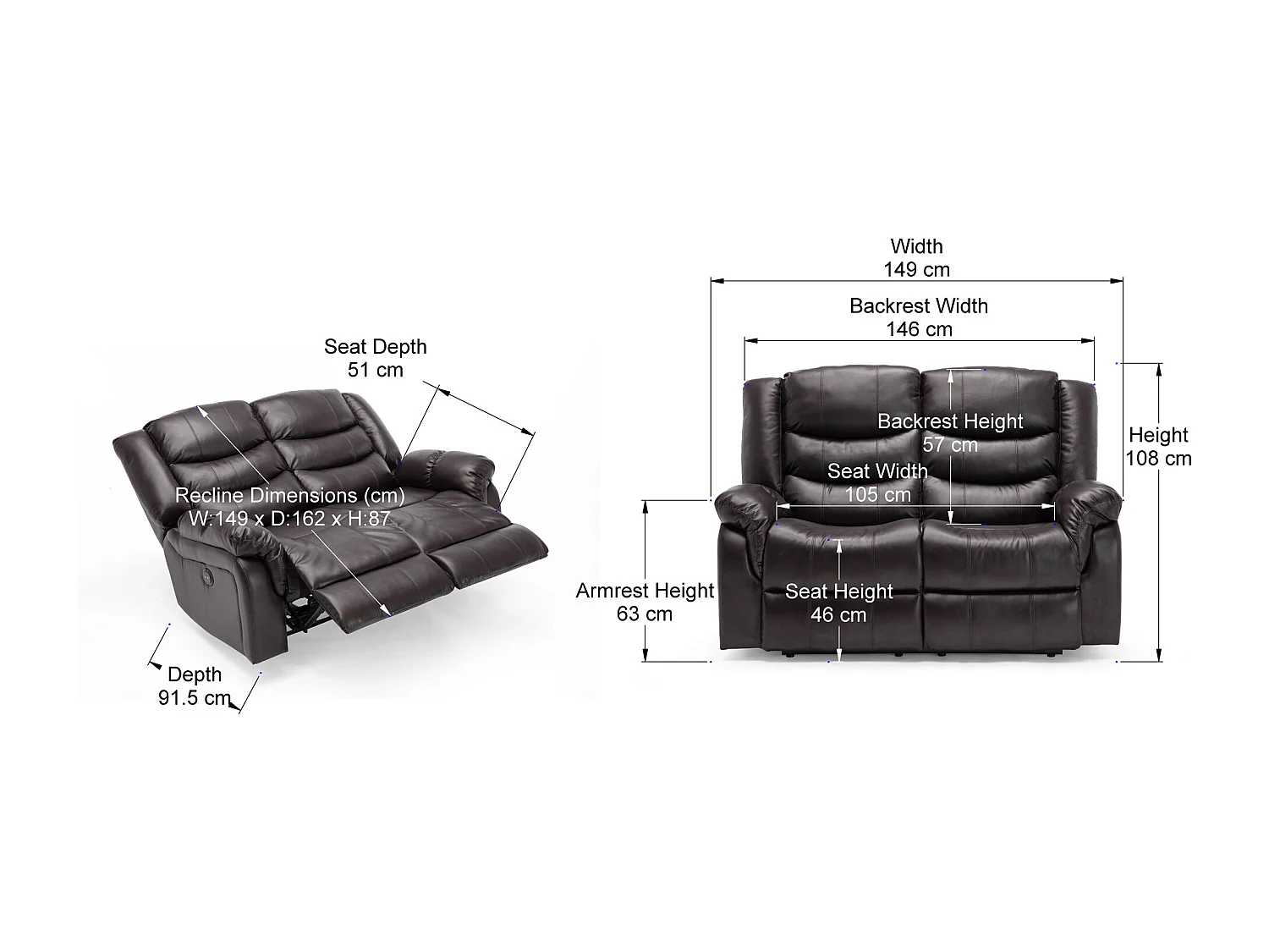 Seattle 2 Seater Electric High Back Bonded Leather Recliner Sofa