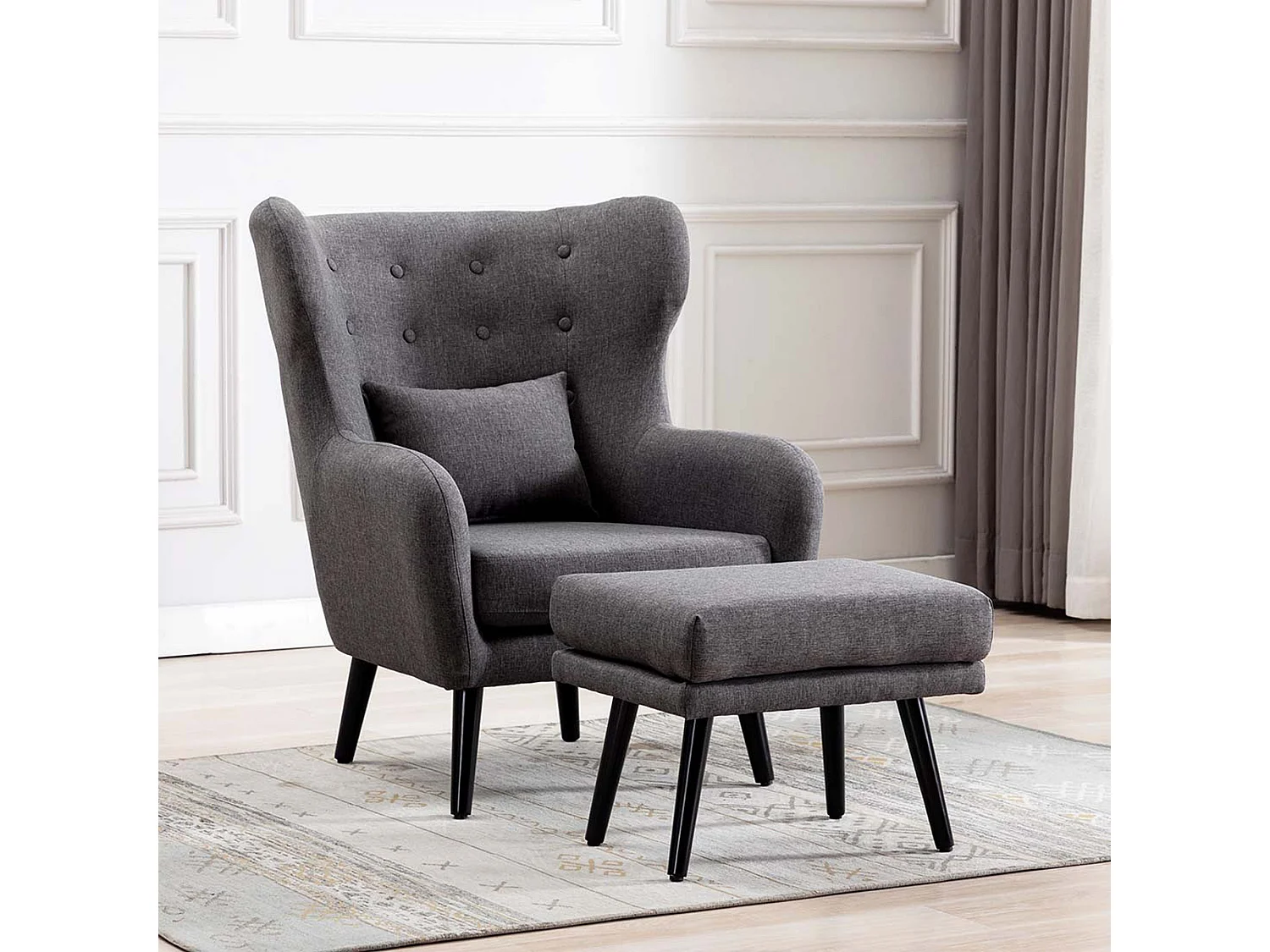 Winslow Wing Back Fabric Occasional Button Back Armchair w Footstool