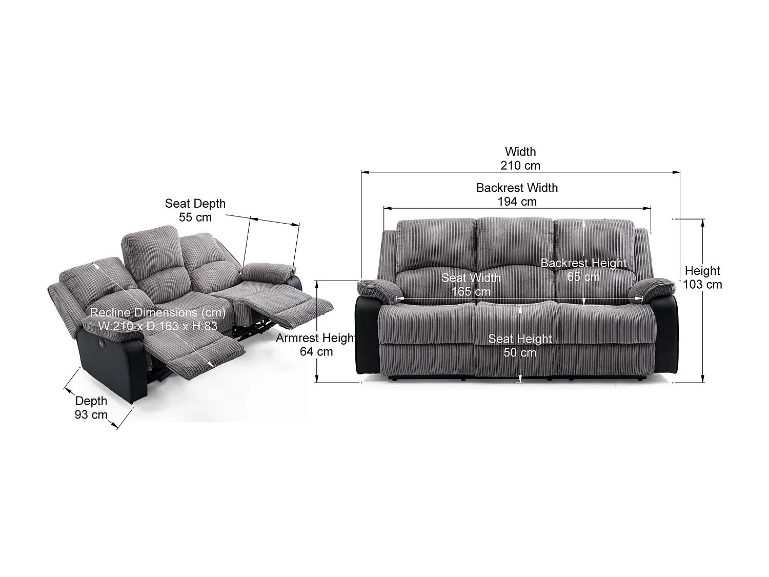 Postana 3 Seater Manual High Back Jumbo Cord Fabric Recliner Sofa