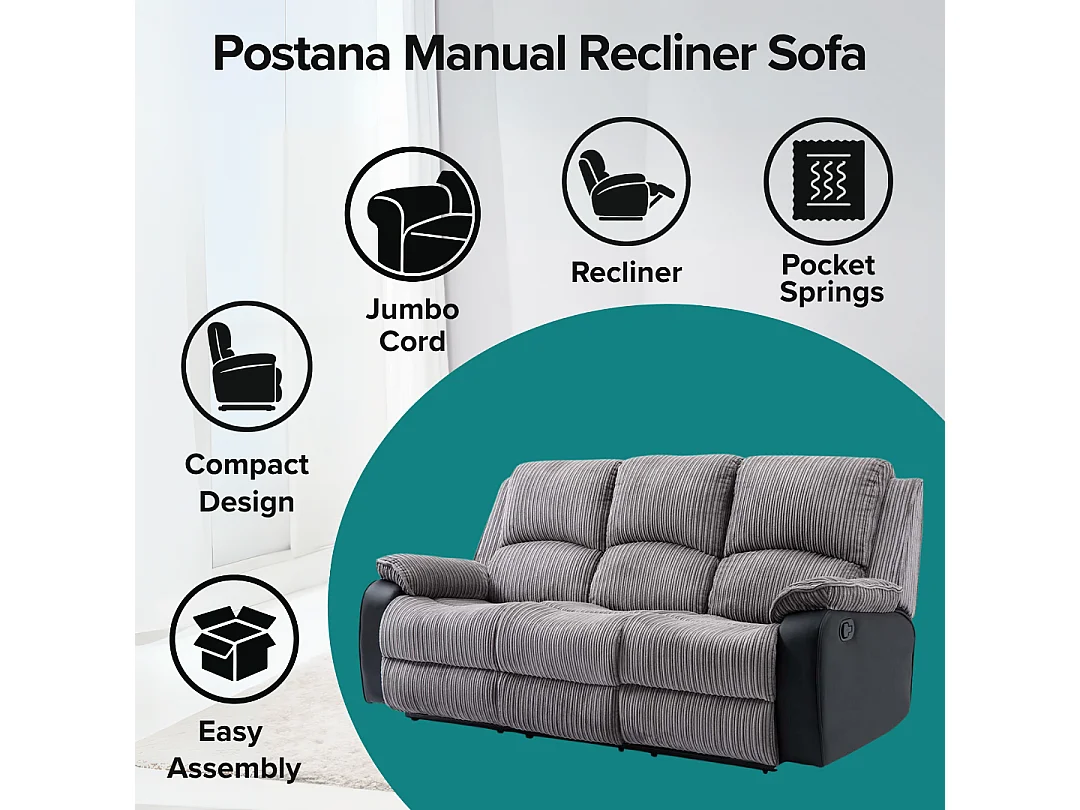 Postana 3 Seater Manual High Back Jumbo Cord Fabric Recliner Sofa
