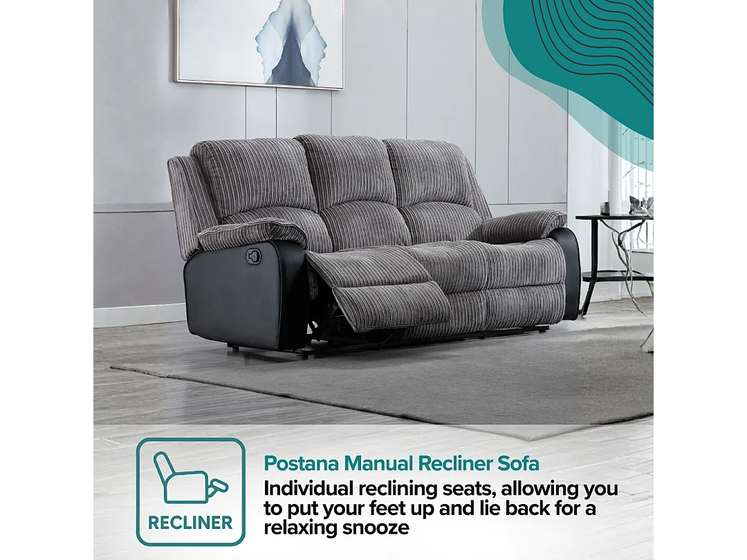 Postana 3 Seater Manual High Back Jumbo Cord Fabric Recliner Sofa
