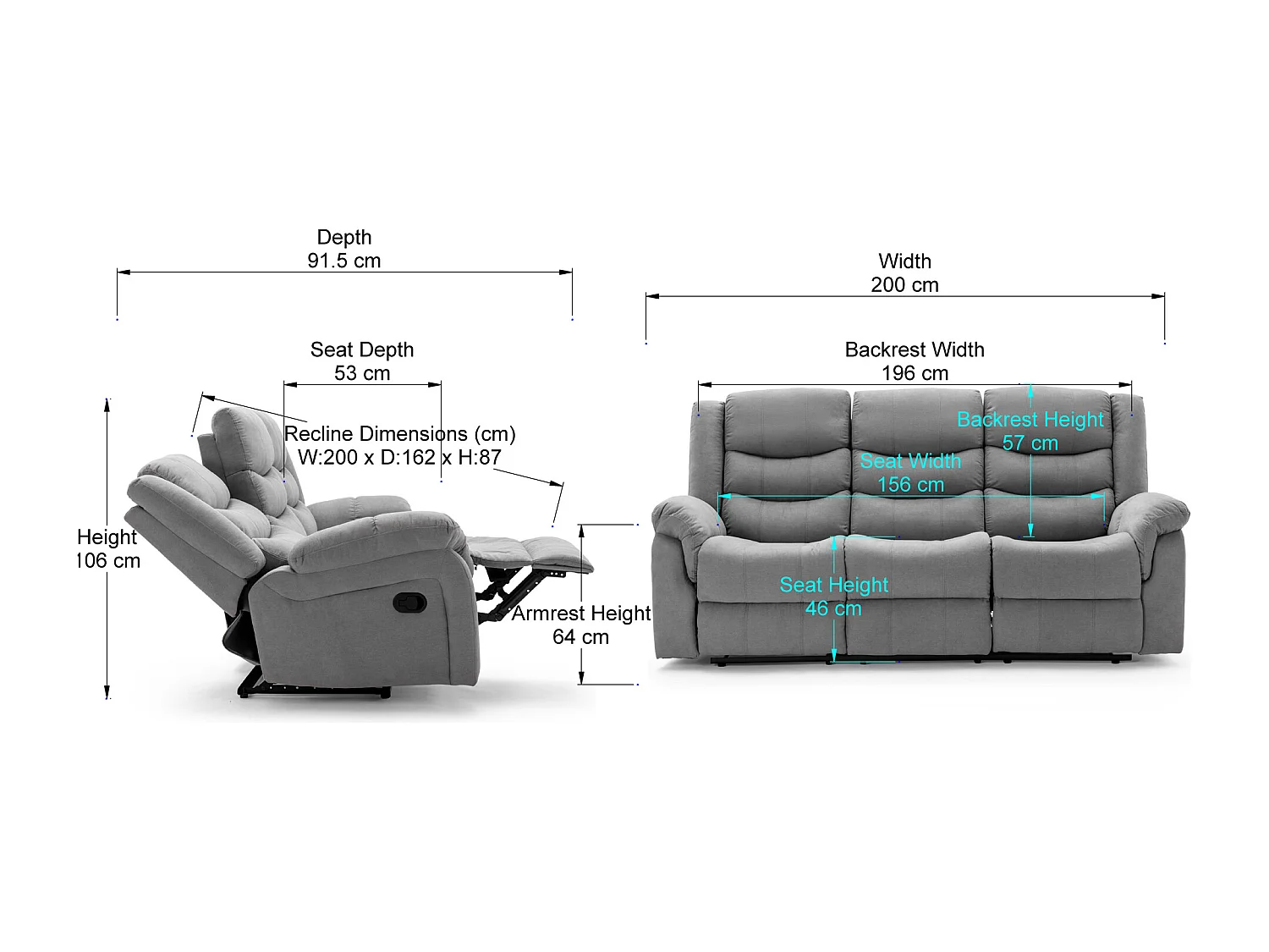 Seattle Manual Fabric Recliner 3 Seater Sofa