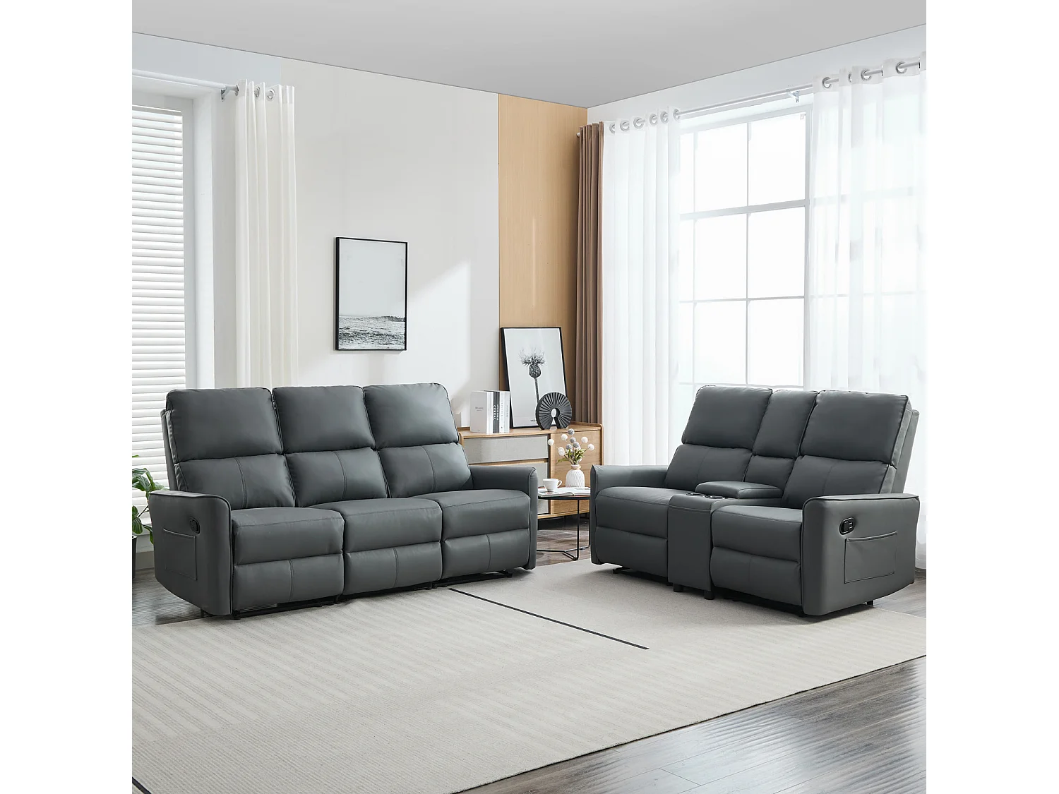 Madrid 2+3 Seater W Console Manual Air Leather Recliner Sofa Set