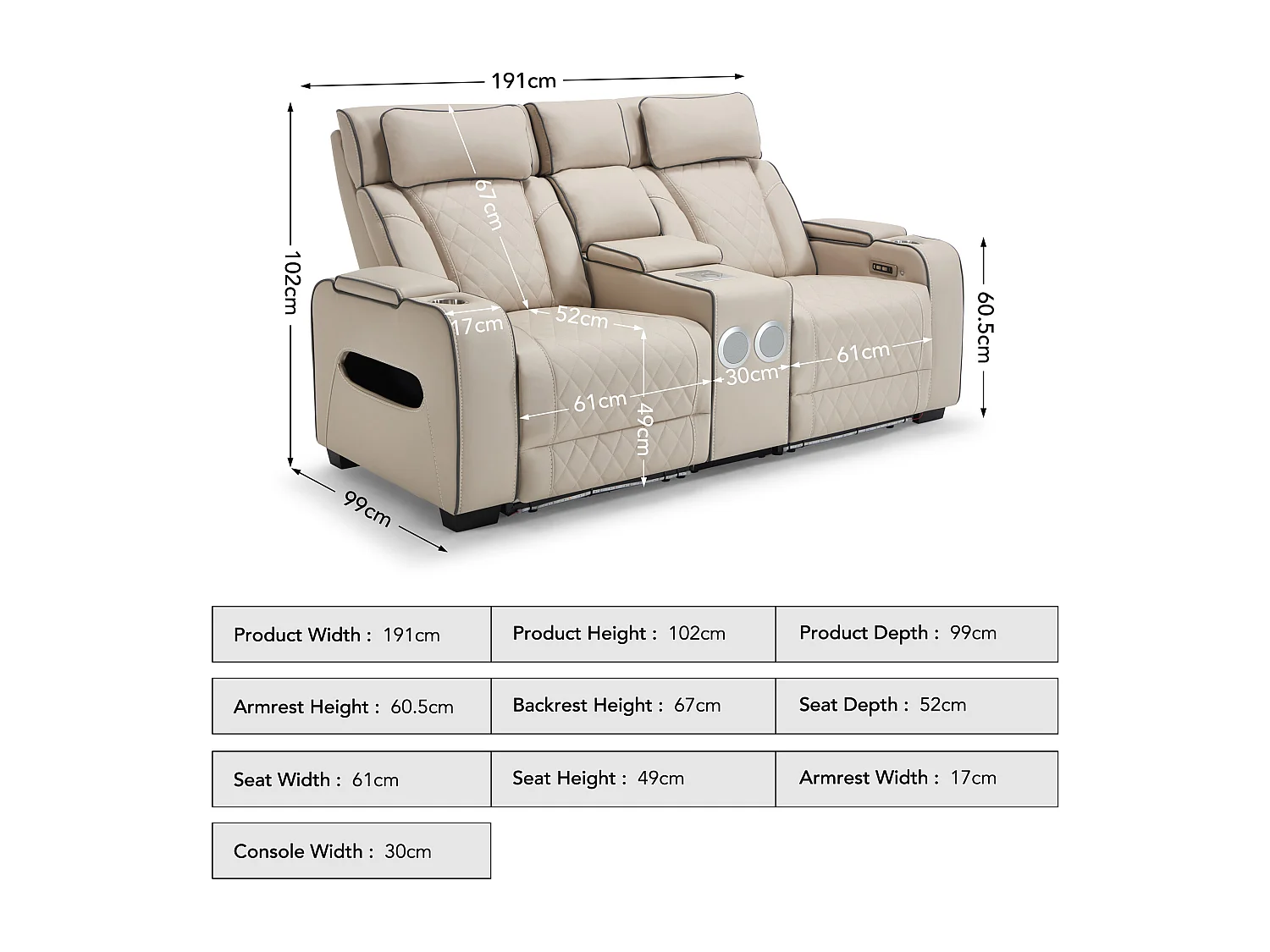 Capri Electric Recliner 2 Seater Sofa w Bluetooth speakers & Charging
