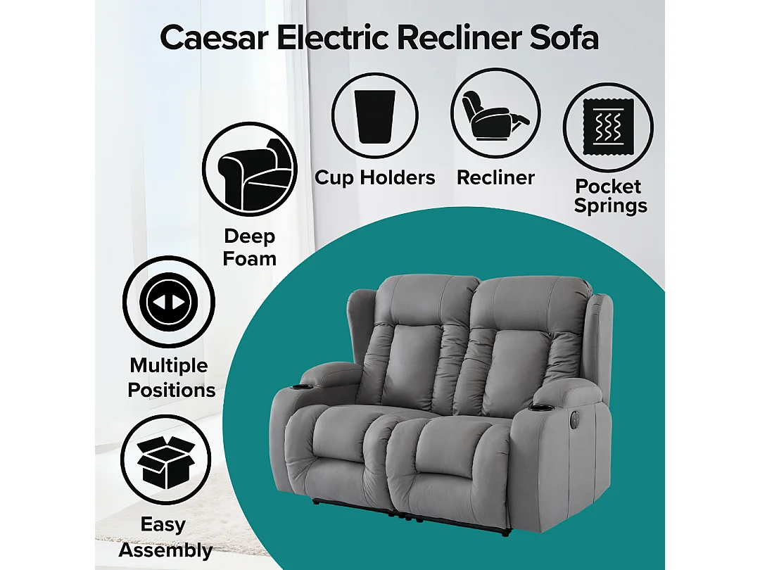 Caesar 2 Seater Grey Technology Fabric Modern Electric Recliner Sofa