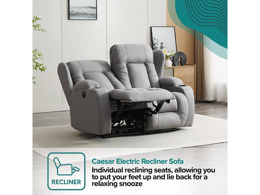 Caesar 2 Seater Grey Technology Fabric Modern Electric Recliner Sofa