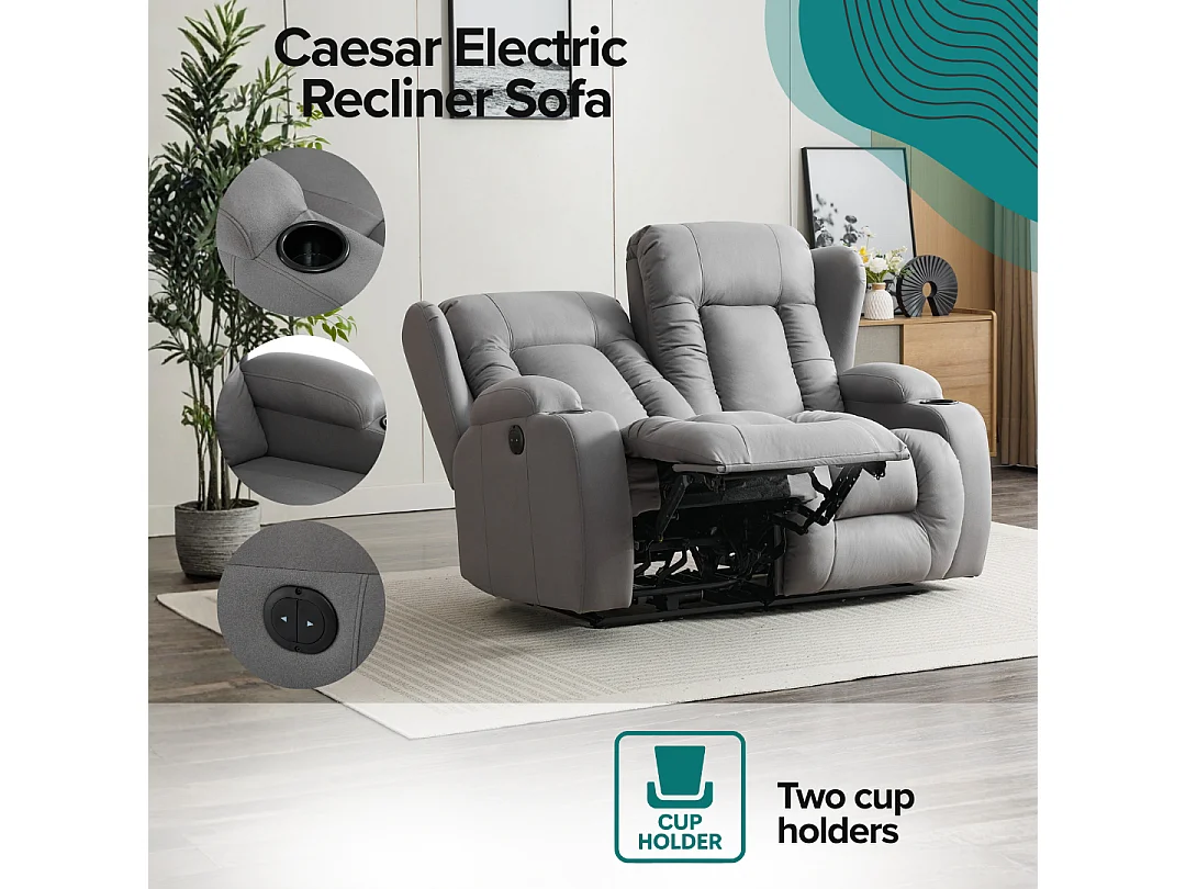 Caesar 2 Seater Grey Technology Fabric Modern Electric Recliner Sofa