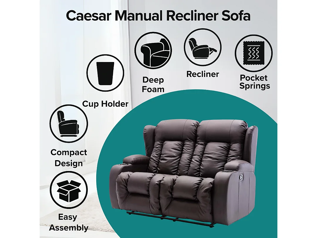 Caesar 2 Seater Manual High Back Bonded Leather Recliner Sofa