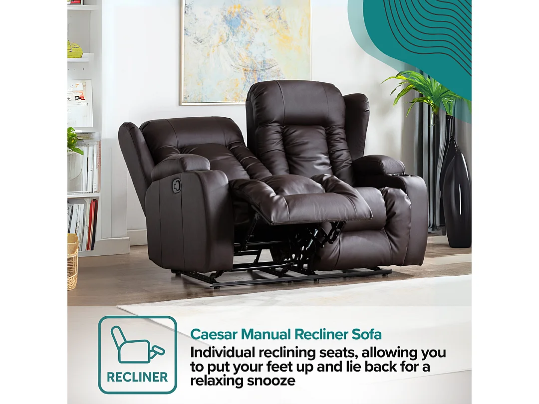 Caesar 2 Seater Manual High Back Bonded Leather Recliner Sofa