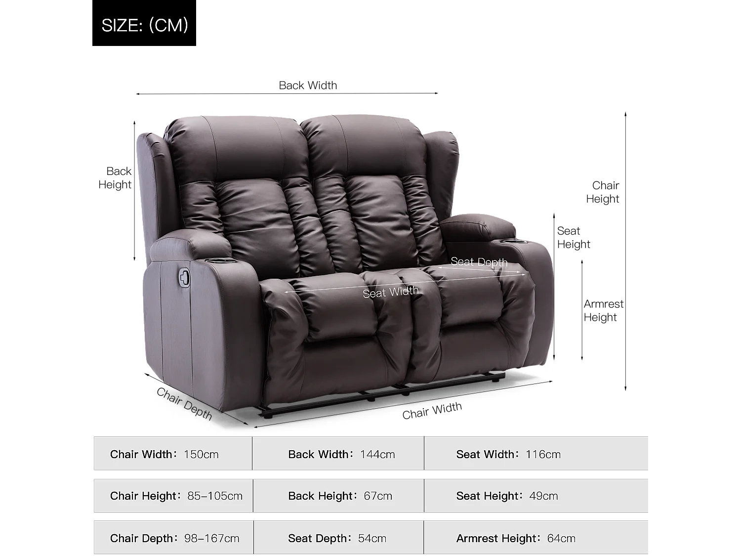 Caesar 2 Seater Manual High Back Bonded Leather Recliner Sofa