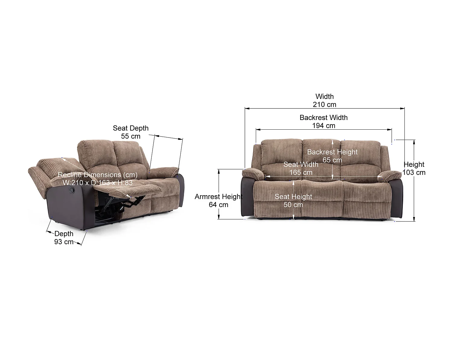 Postana 3 Seater Manual High Back Jumbo Cord Fabric Recliner Sofa