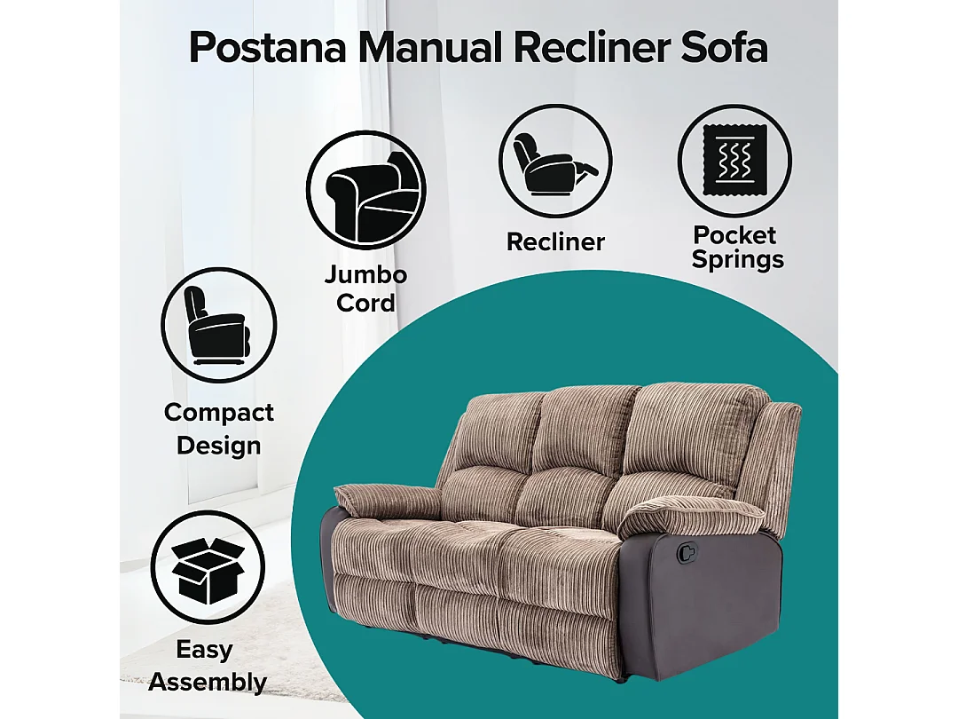 Postana 3 Seater Manual High Back Jumbo Cord Fabric Recliner Sofa