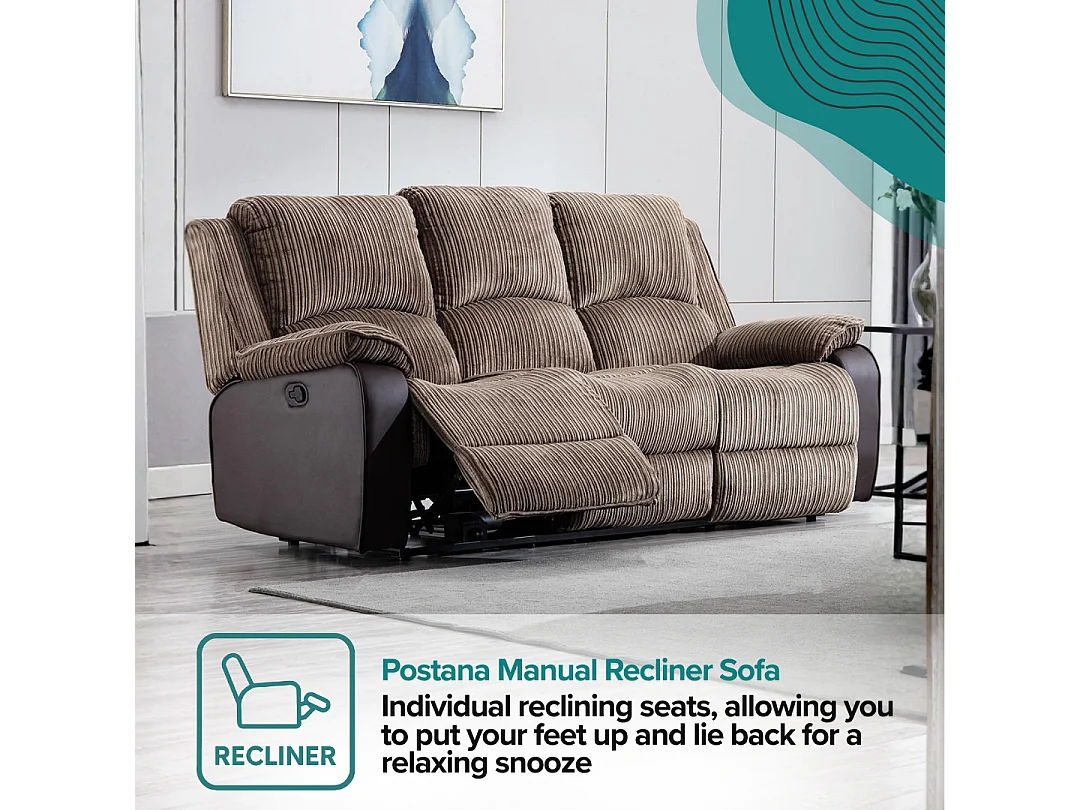 Postana 3 Seater Manual High Back Jumbo Cord Fabric Recliner Sofa