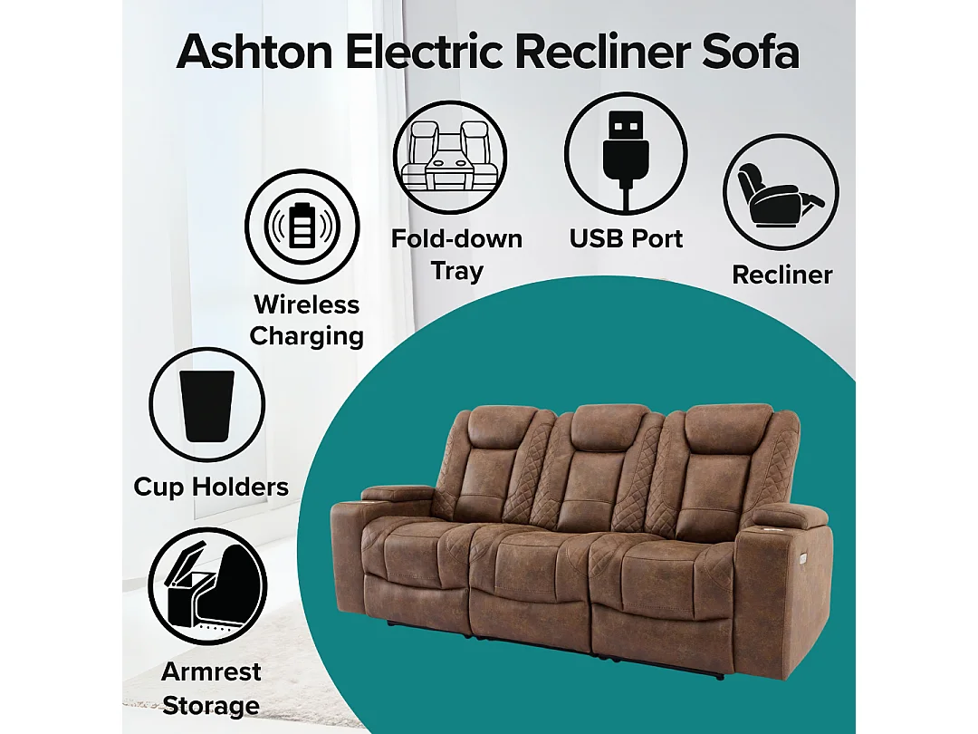 Ashton Electric Recliner 3 Seater Sofa Technology Fabric With Built-In Plugs & USB-C Charging