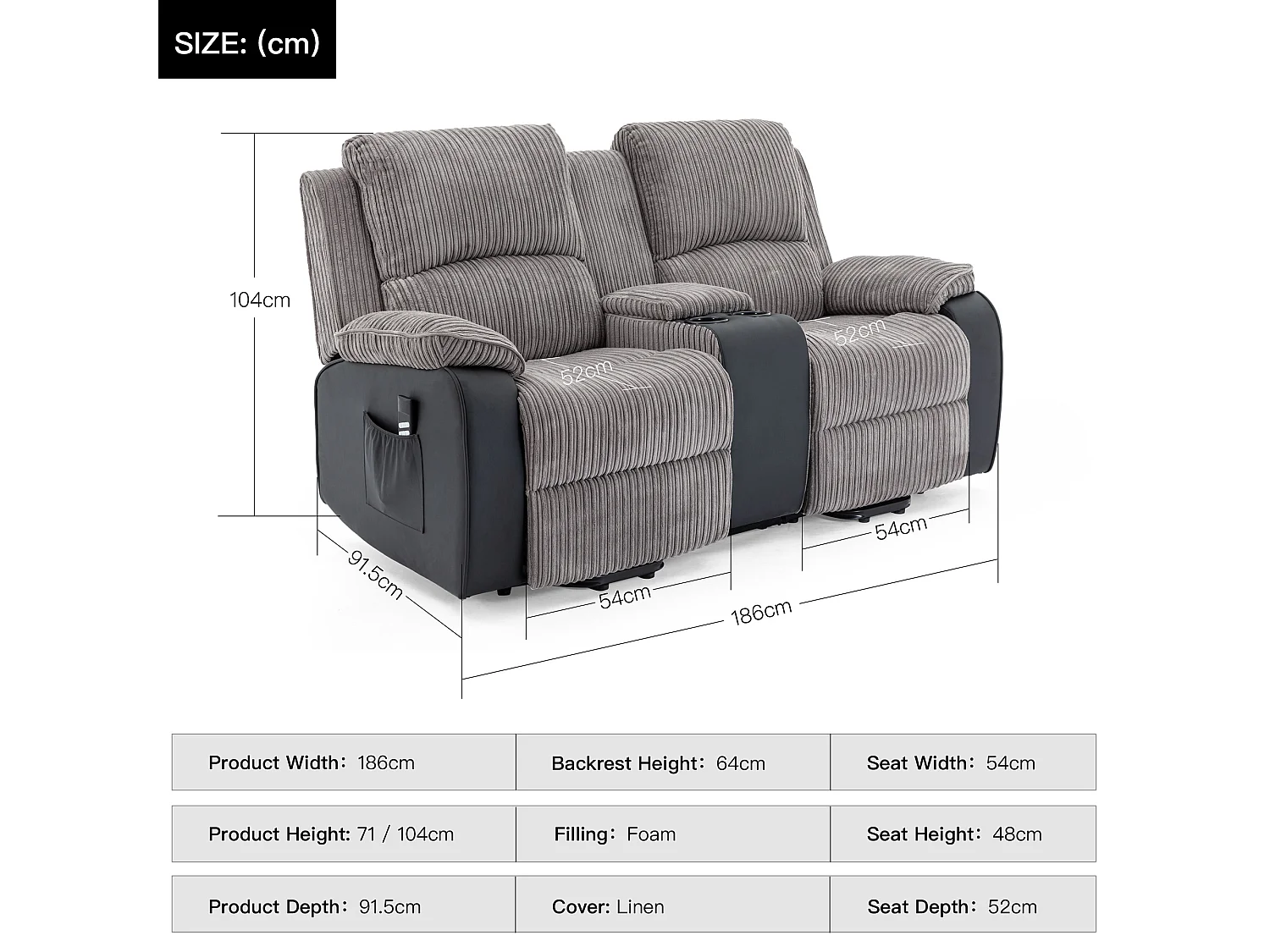 Postana Dual Motor Rise Recliner 2 Seater Cord Drinks Console Sofa