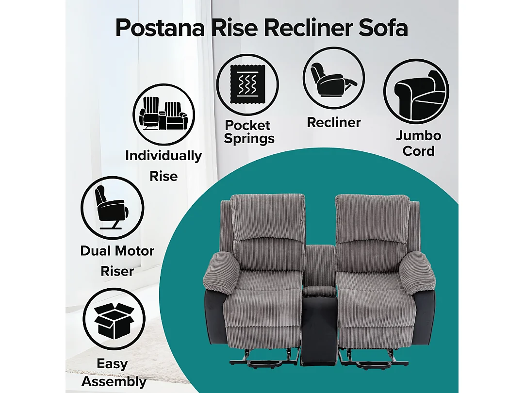 Postana Dual Motor Rise Recliner 2 Seater Cord Drinks Console Sofa