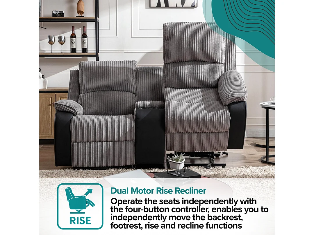 Postana Dual Motor Rise Recliner 2 Seater Cord Drinks Console Sofa