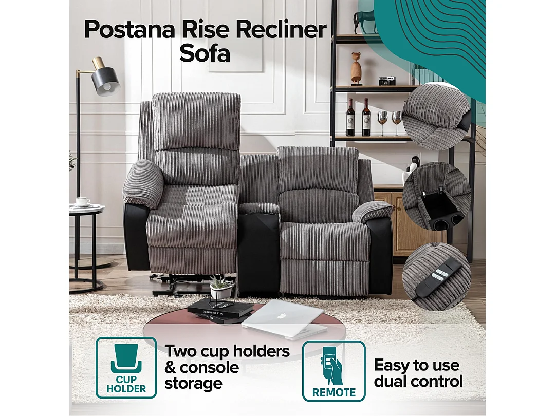 Postana Dual Motor Rise Recliner 2 Seater Cord Drinks Console Sofa