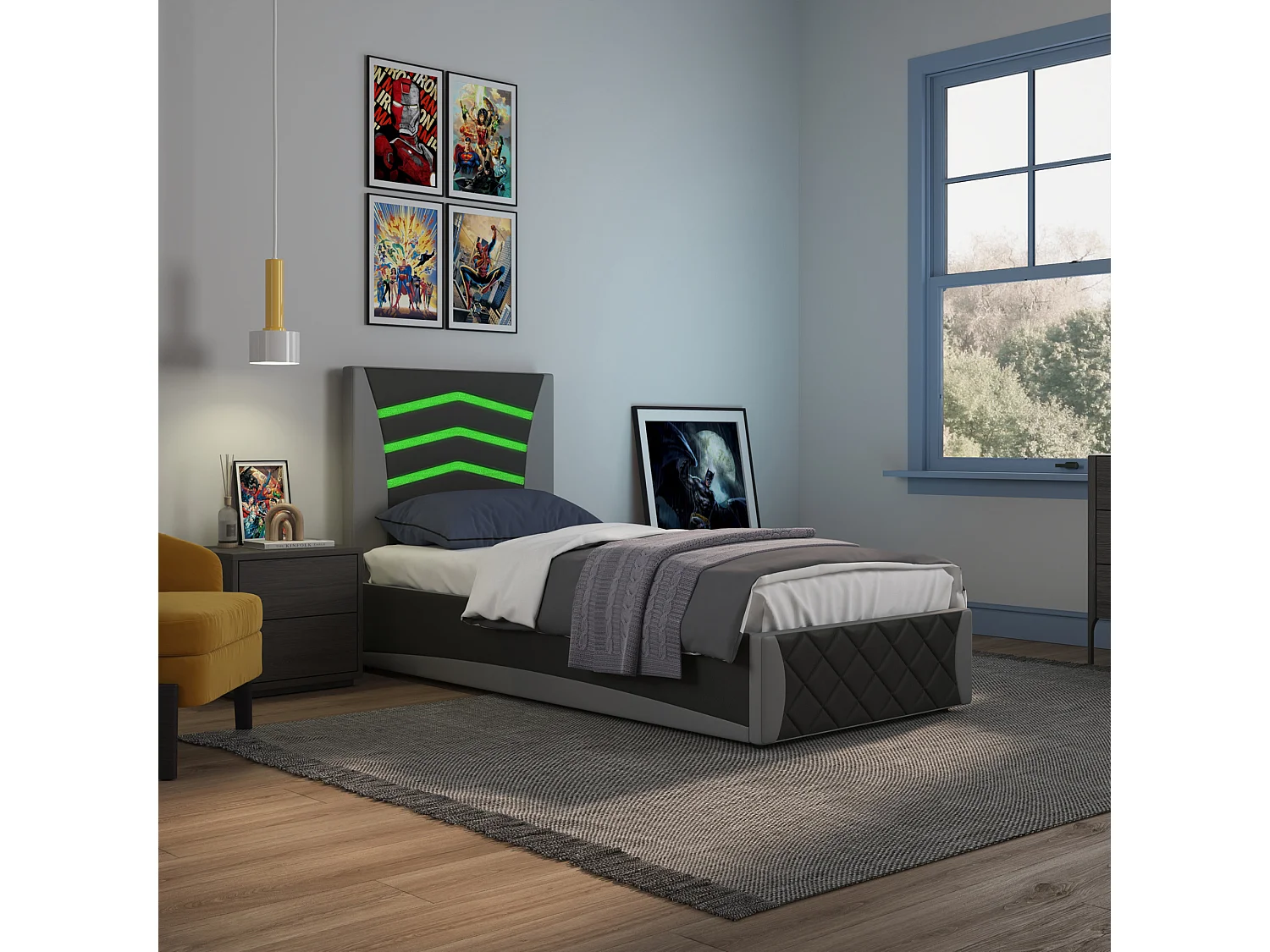 Galaxy Ottoman Storage LED Headboard Gaming Single Black Bed Frame w 25cm Deep Pocket Memory Foam Mattress