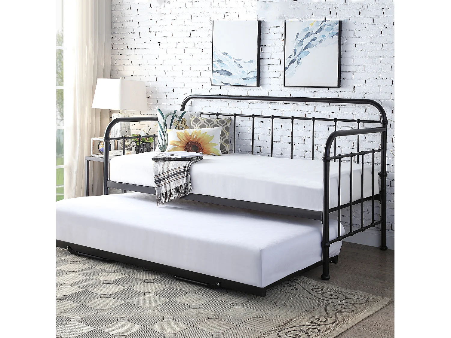 Ickleford Industrial Living Room Bedroom Metal Day Bed Frame w Trundle