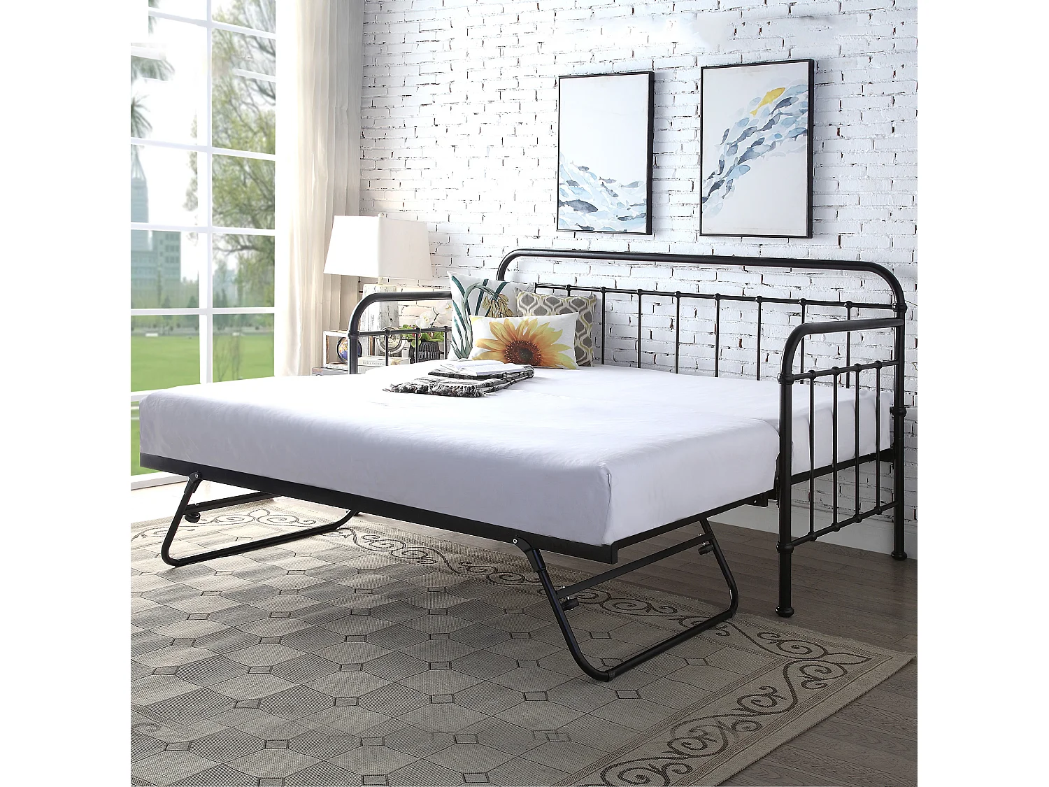 Ickleford Industrial Living Room Bedroom Metal Day Bed Frame w Trundle