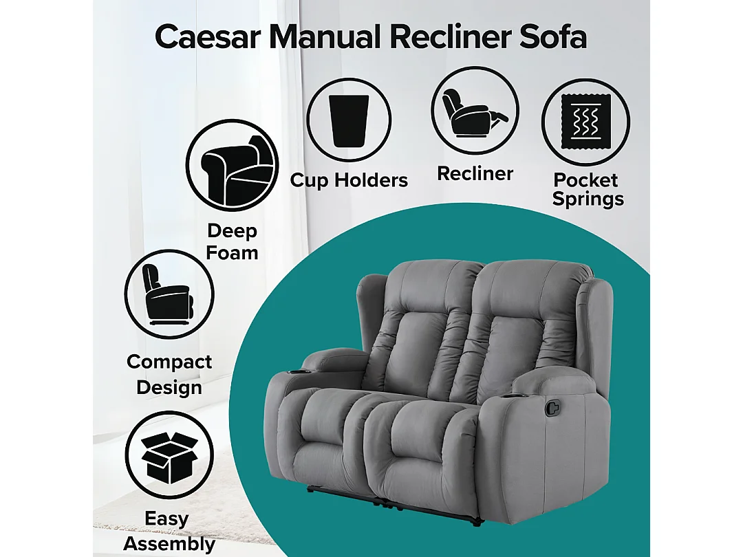 Caesar 2 Seater Grey Technology Fabric Modern Manual Recliner Sofa