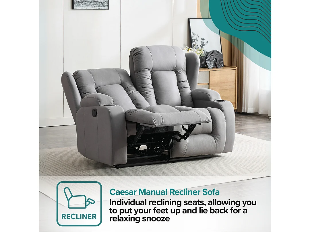 Caesar 2 Seater Grey Technology Fabric Modern Manual Recliner Sofa