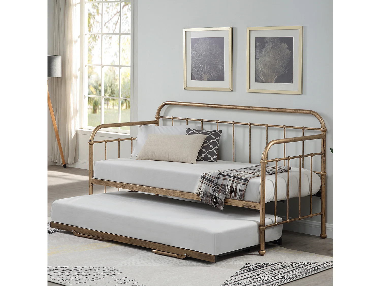Ickleford Industrial Living Room Bedroom Metal Day Bed Frame w Trundle