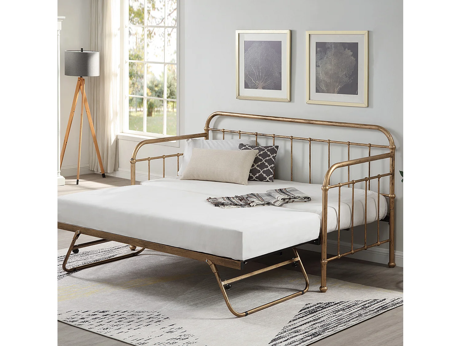 Ickleford Industrial Living Room Bedroom Metal Day Bed Frame w Trundle
