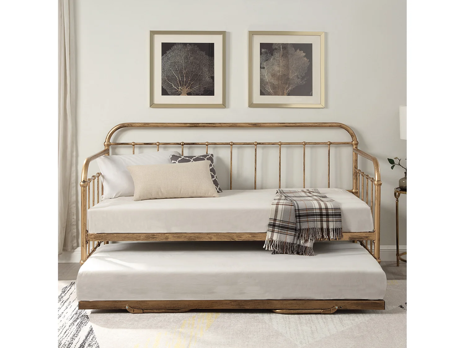 Ickleford Industrial Living Room Bedroom Metal Day Bed Frame w Trundle
