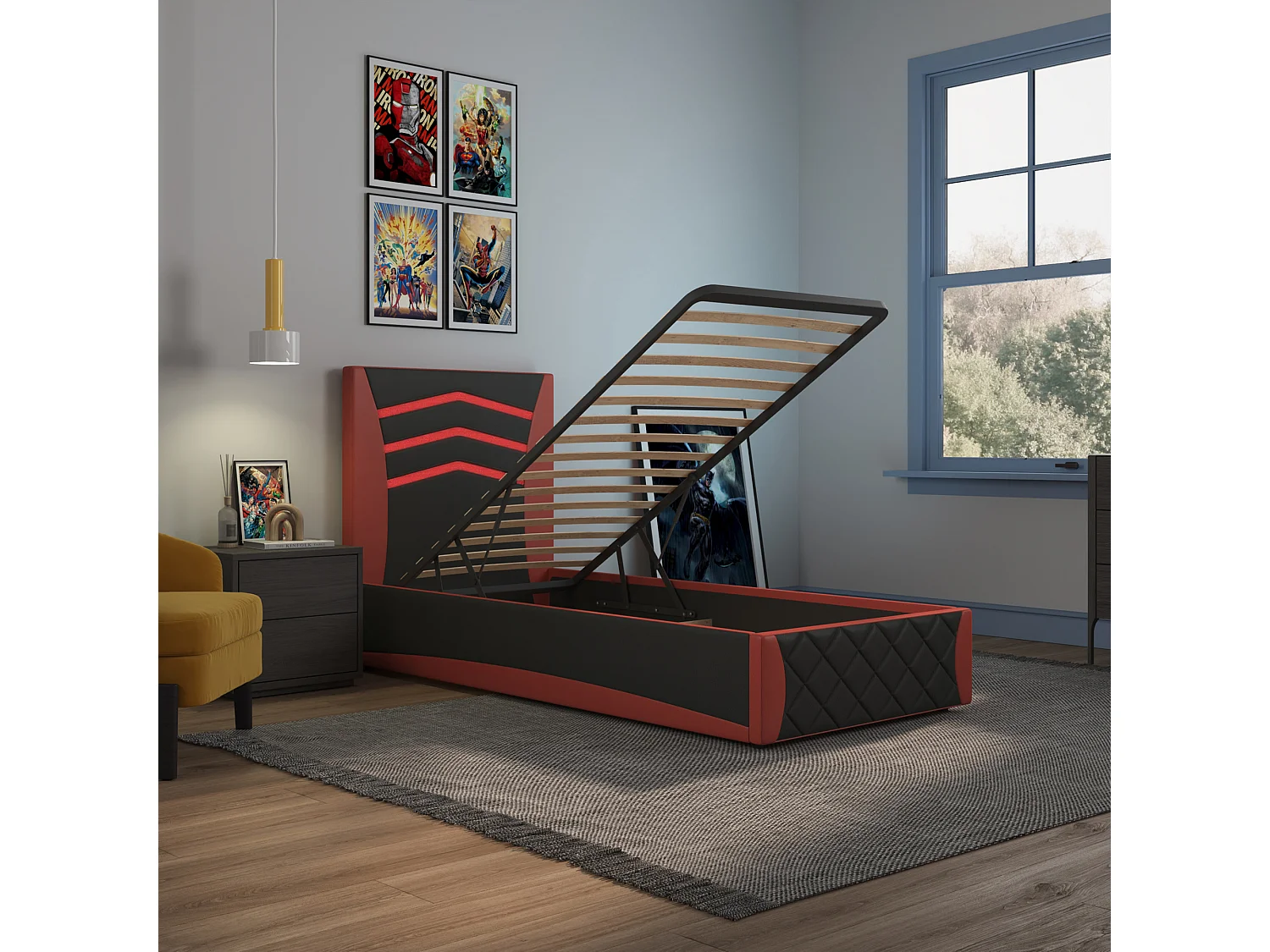 Galaxy Ottoman Storage LED Headboard Gaming Single Black Bed Frame w 25cm Deep Pocket Memory Foam Mattress