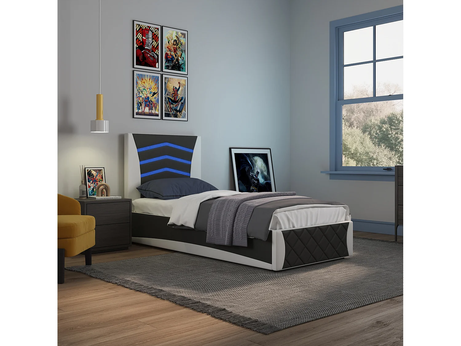 Galaxy Ottoman Storage LED Headboard Gaming Single Black Bed Frame w 25cm Deep Pocket Memory Foam Mattress