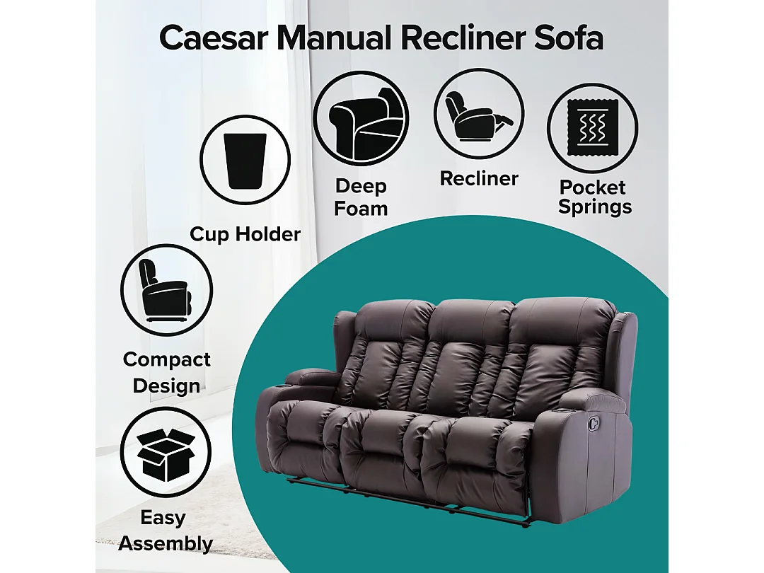 Caesar 3 Seater Manual High Back Bonded Leather Recliner Sofa