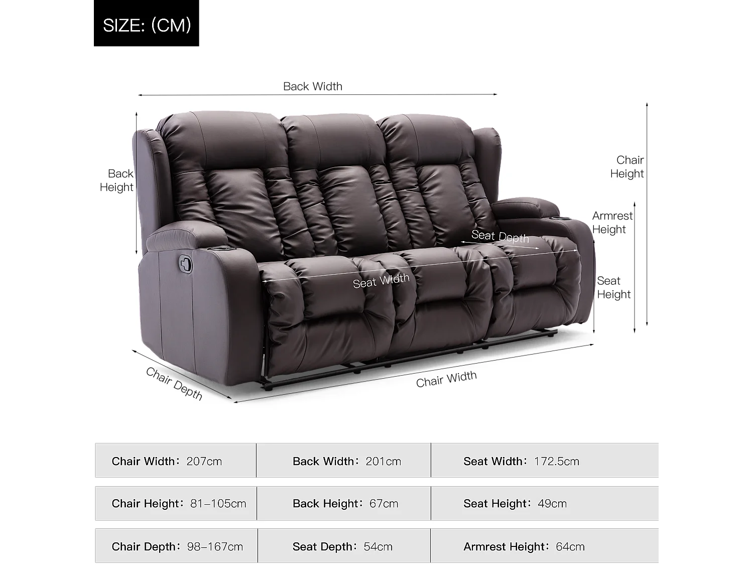 Caesar 3 Seater Manual High Back Bonded Leather Recliner Sofa