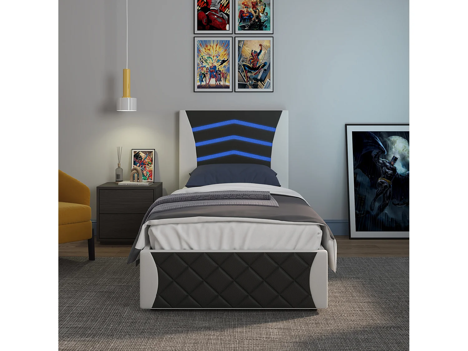 Galaxy Ottoman Storage LED Headboard Gaming Single Black Bed Frame