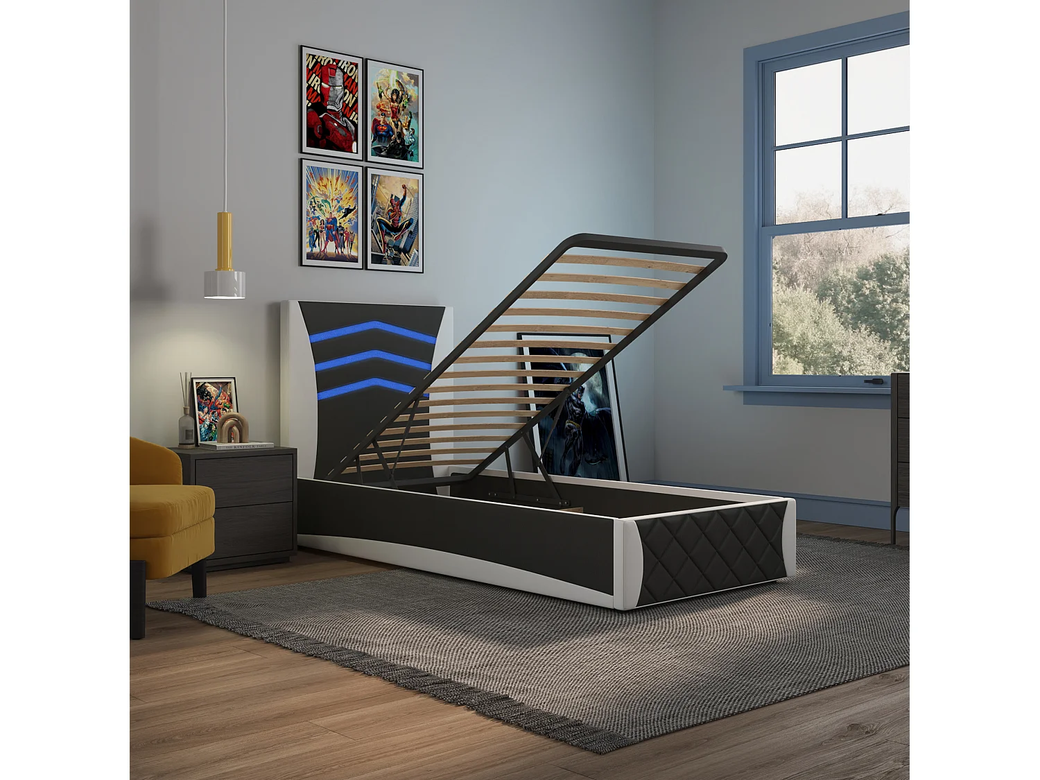 Galaxy Ottoman Storage LED Headboard Gaming Single Black Bed Frame