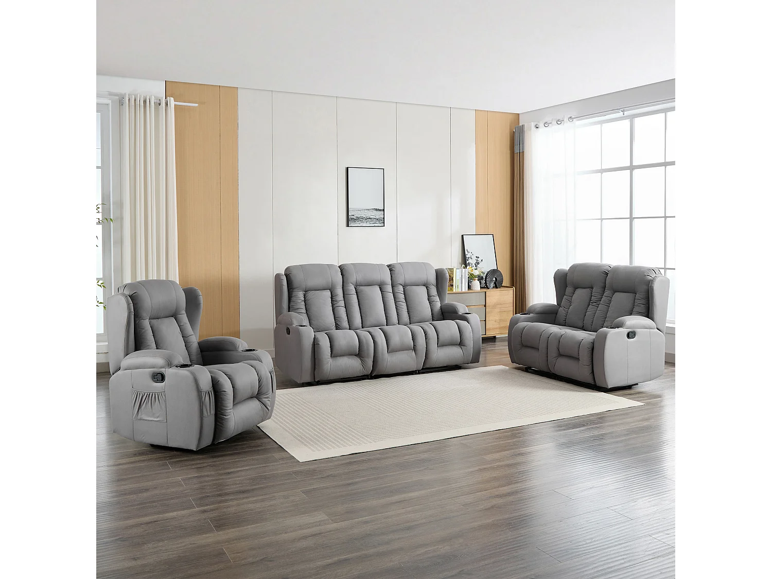 Caesar 1+2+3 Seater Grey Technology Fabric Modern Manual Recliner Sofa Set