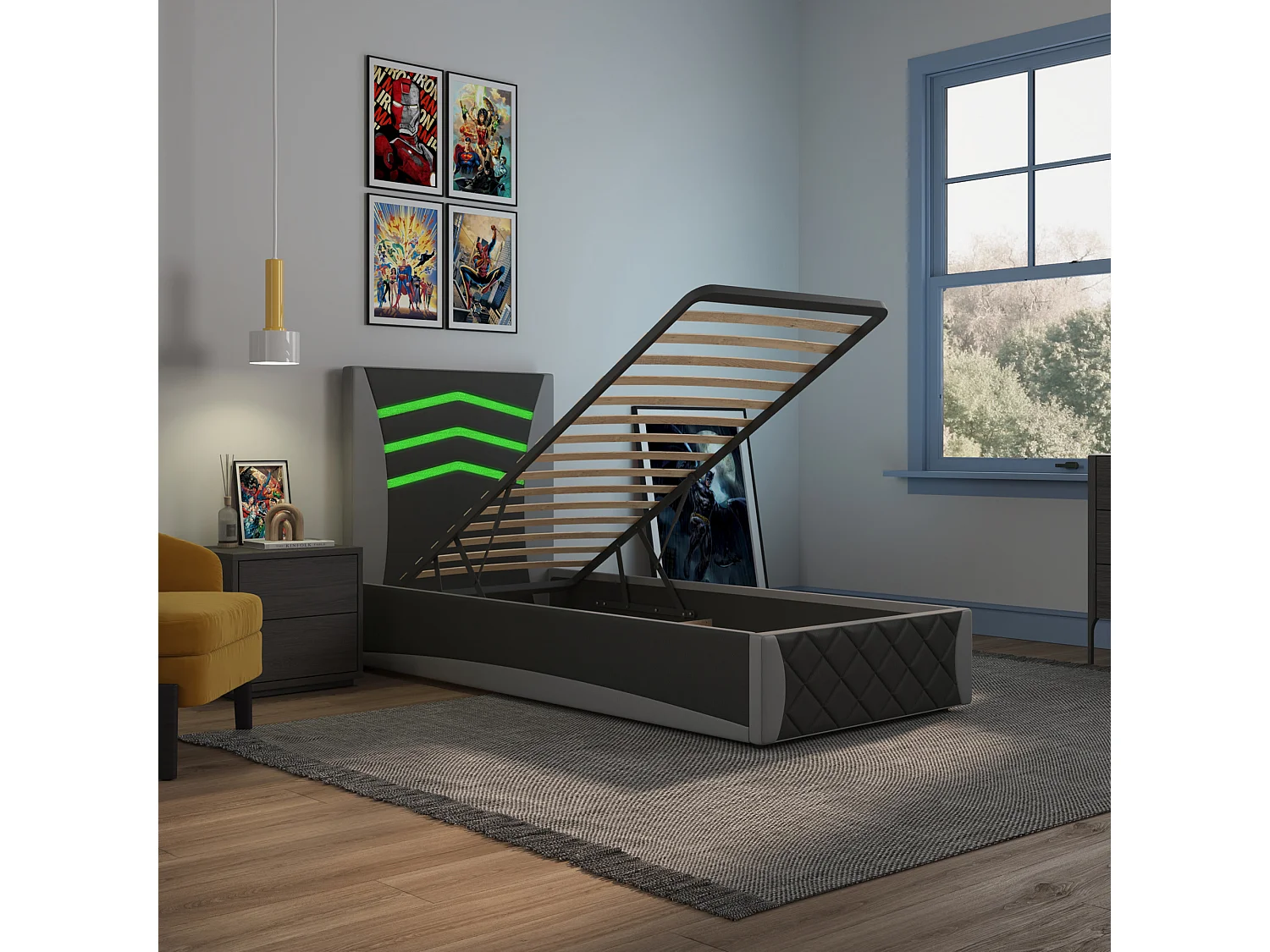 Galaxy Ottoman Storage LED Headboard Gaming Single Black Bed Frame w 15cm Comfort Foam Mattress