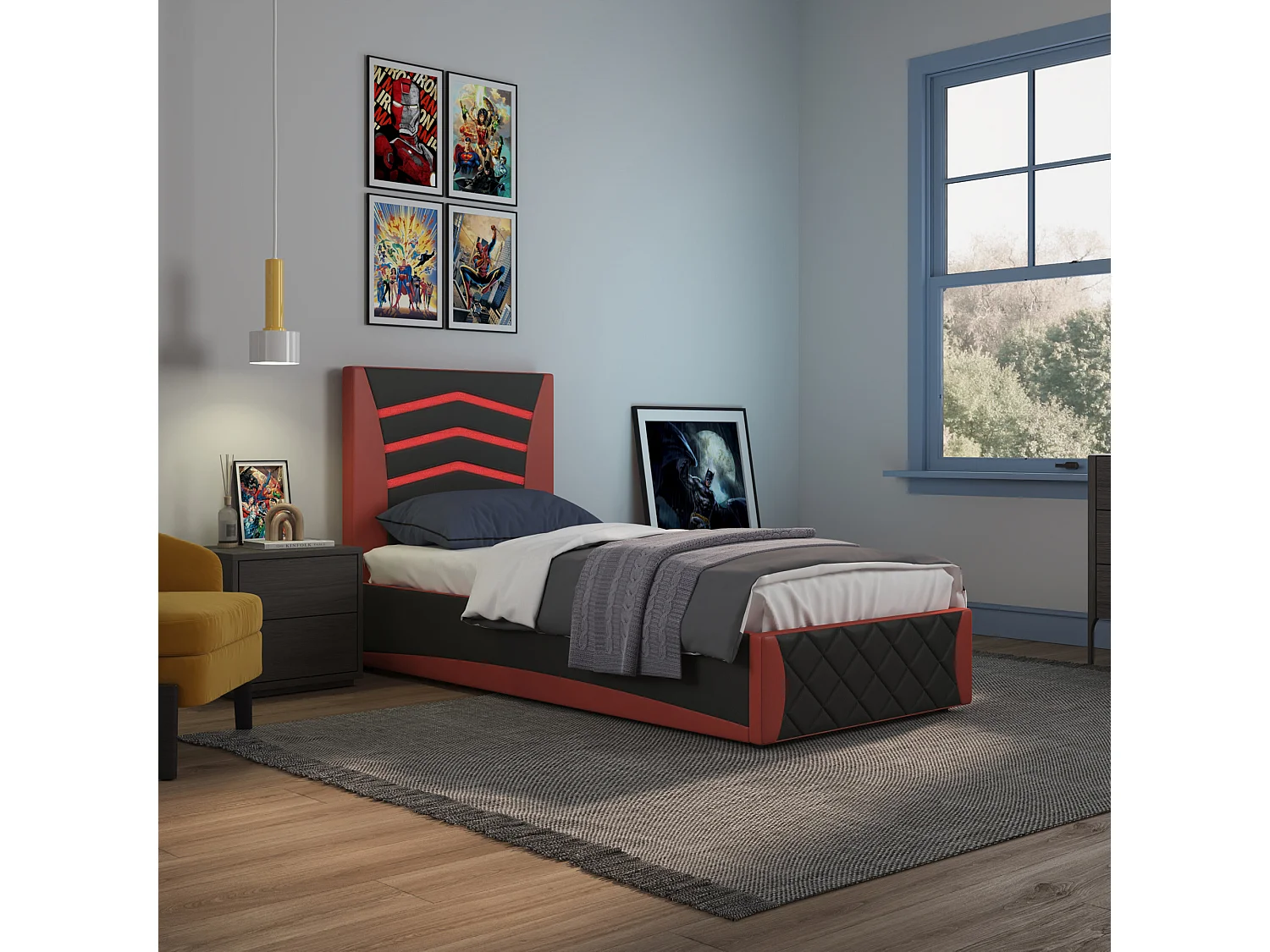 Galaxy Ottoman Storage LED Headboard Gaming Single Black Bed Frame w 15cm Comfort Foam Mattress