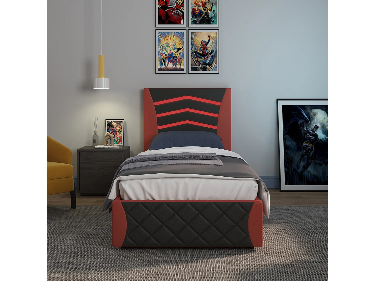 Galaxy Ottoman Storage LED Headboard Gaming Single Black Bed Frame